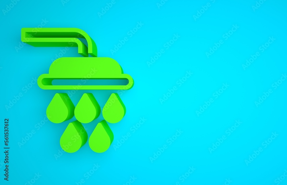 Green Shower head with water drops flowing icon isolated on blue background. Minimalism concept. 3D 