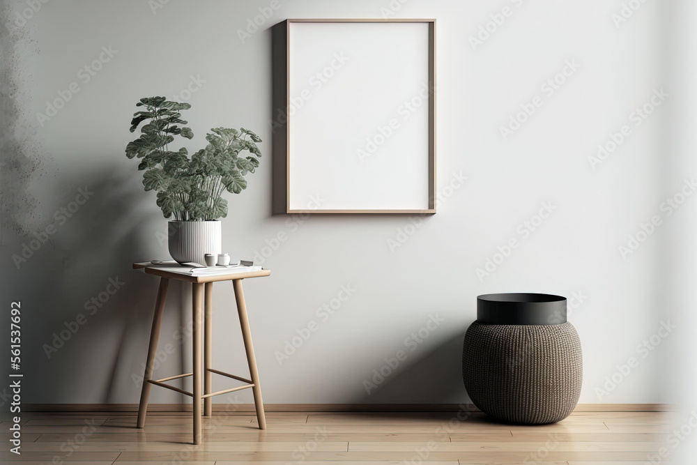 Creative arrangement of a minimalist living room with a wooden stool, a vase, and a mock up poster f