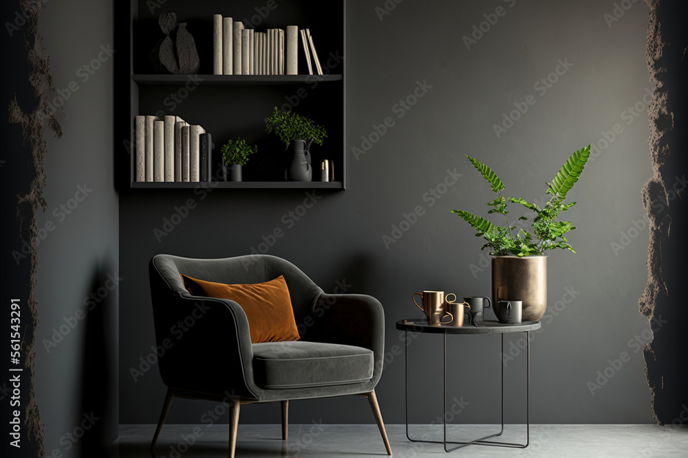 Front view on dark living room interior with armchair, empty grey wall, table with books, crockery, 