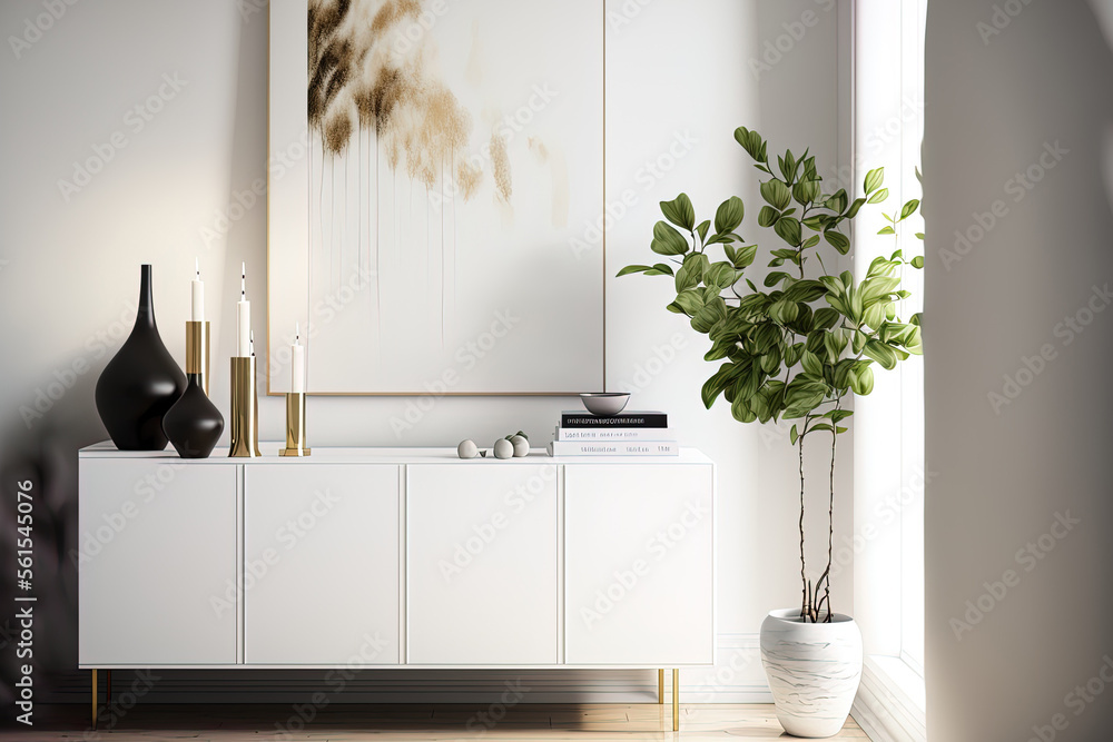 Front view of a light filled living room featuring a sideboard, a vase with a plant, a white wall, a