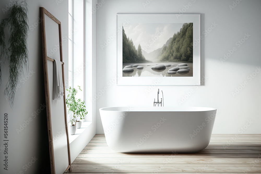 Ceramic bathtub in a contemporary bathroom. White interiors with wooden floors. Wall mounted, empty 