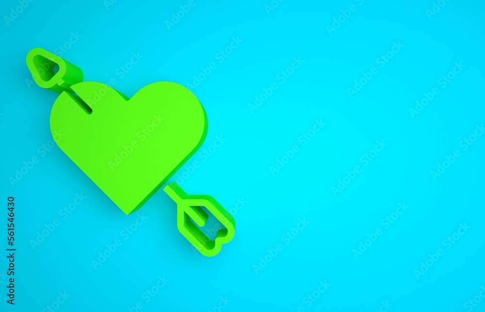 Green Amour symbol with heart and arrow icon isolated on blue background. Love sign. Happy Valentine