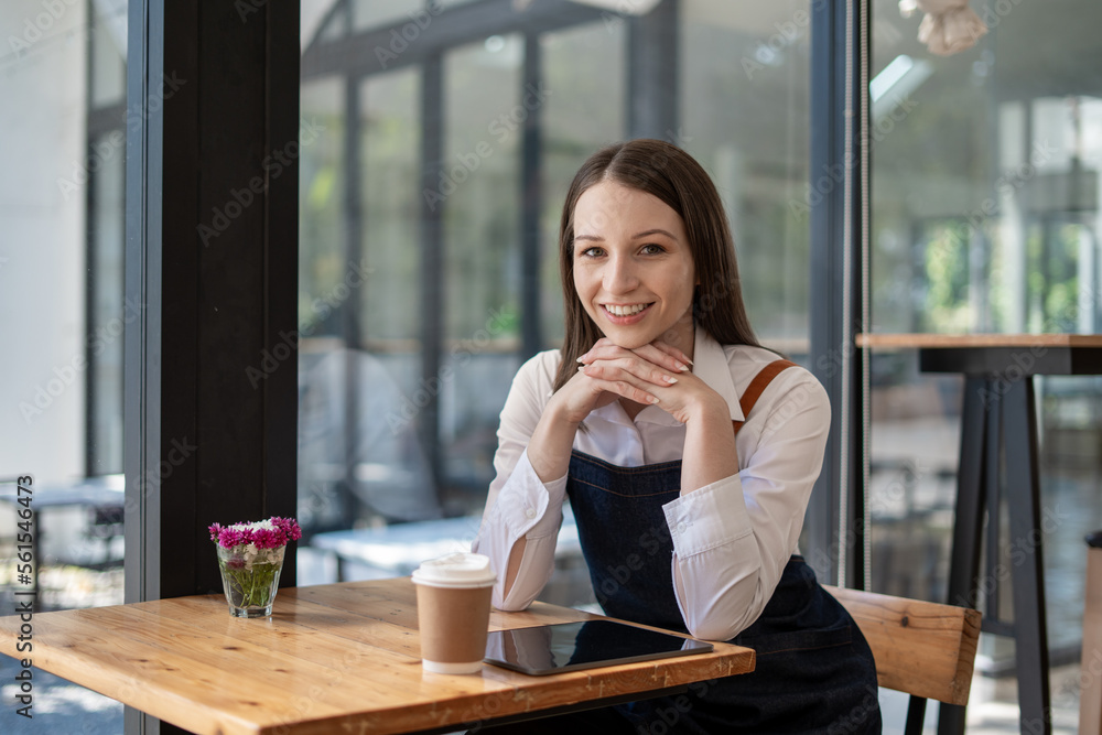 Opening a small business, Happy woman in an apron standing near a bar counter coffee shop, Small bus