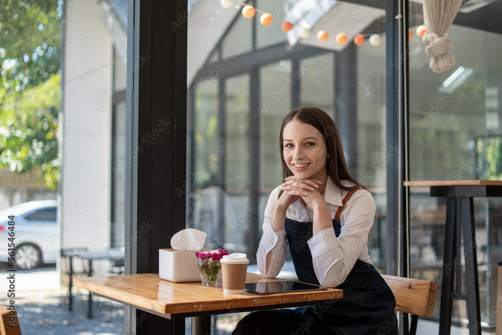 Opening a small business, Happy woman in an apron standing near a bar counter coffee shop, Small bus