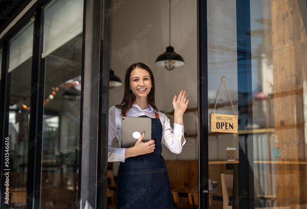 Opening a small business, Happy woman in an apron standing near a bar counter coffee shop, Small bus