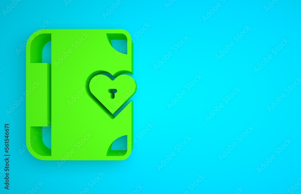 Green Love diary notebook album icon isolated on blue background. Happy Valentines day. Minimalism c