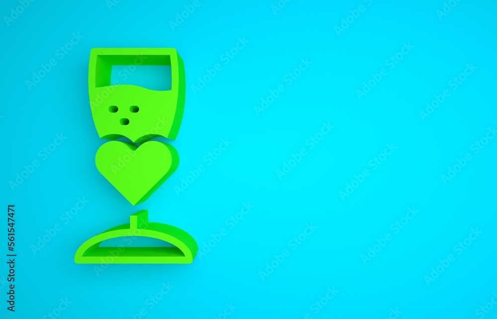 Green Glass of champagne icon isolated on blue background. Happy Valentines day. Minimalism concept.