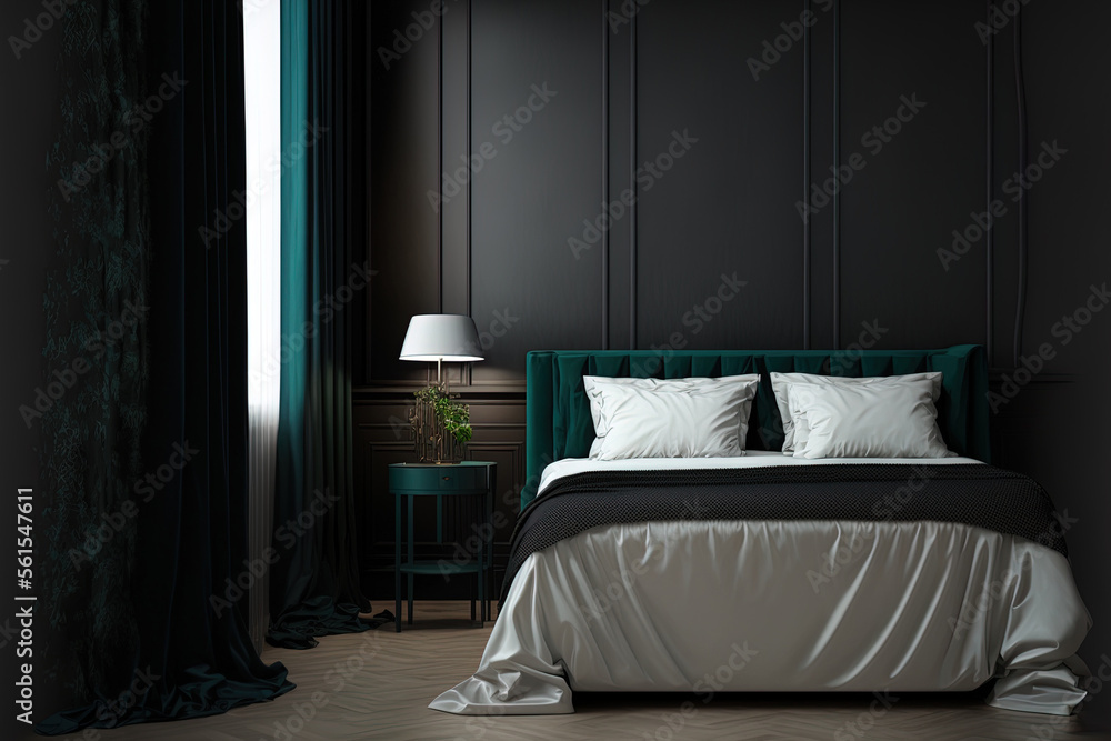 Dark bedroom interior bed and nightstand with decor, black hardwood floor. Sleeping area with curtai