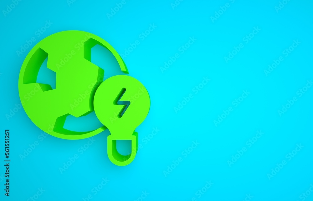 Green Global energy power planet with bulb icon isolated on blue background. Ecology concept and env