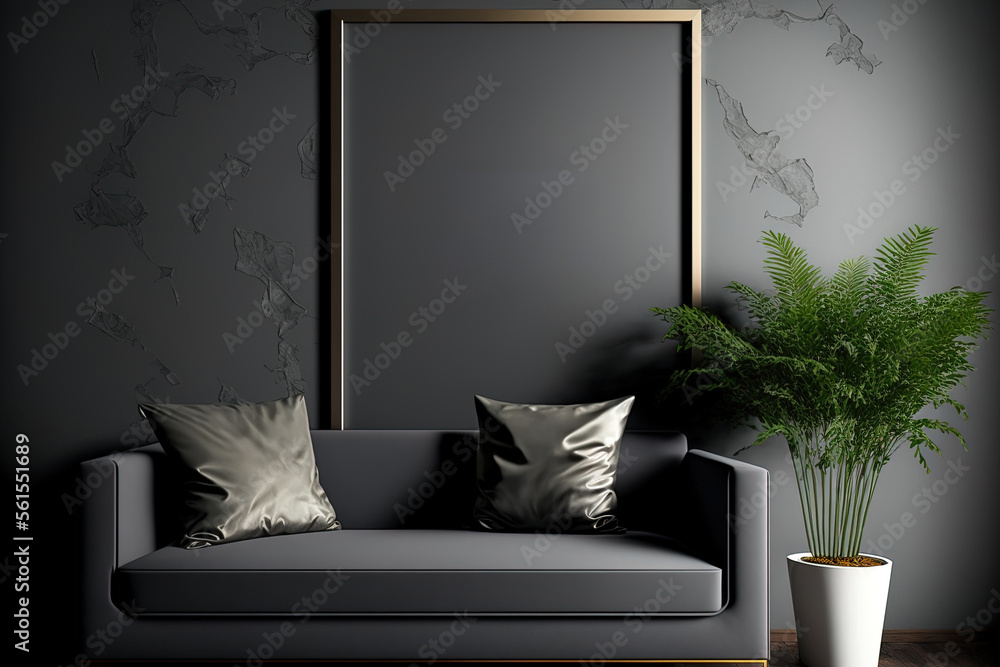 Big frame mockup in modern dark gray interior background,. Generative AI