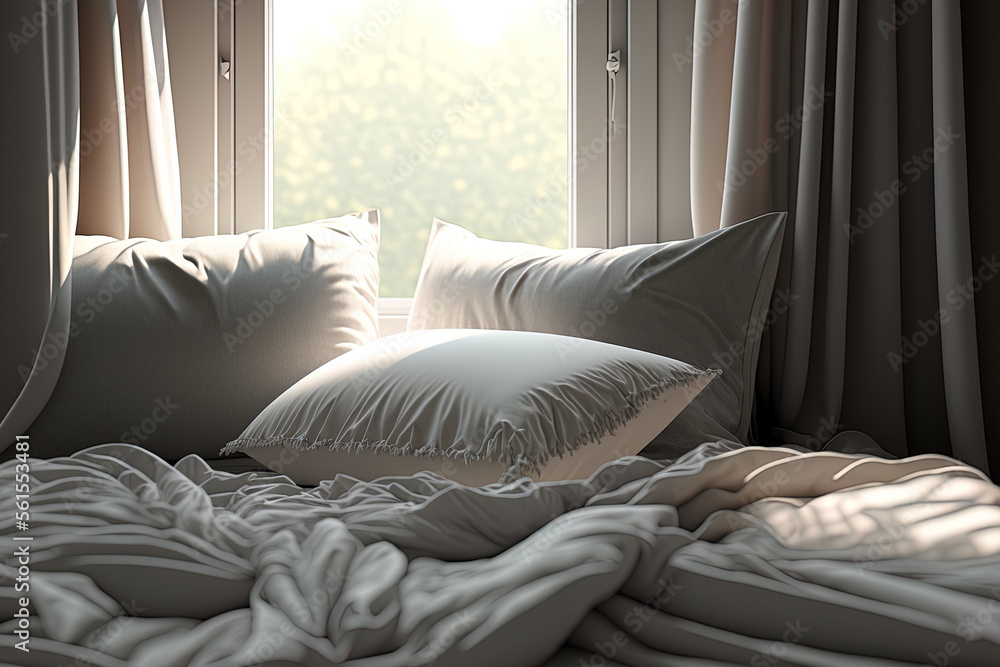 Realistic close up of a tidy, pleasant light grey bedding set with pillows and cushions by a window 