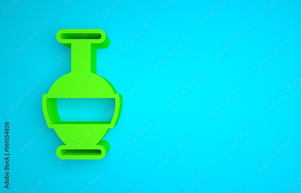 Green Ancient amphorae icon isolated on blue background. Minimalism concept. 3D render illustration