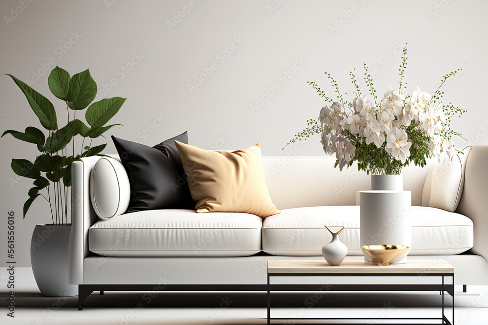 Bright modern living room mockup, beige sofa with marble coffee table and flower vase on white backg