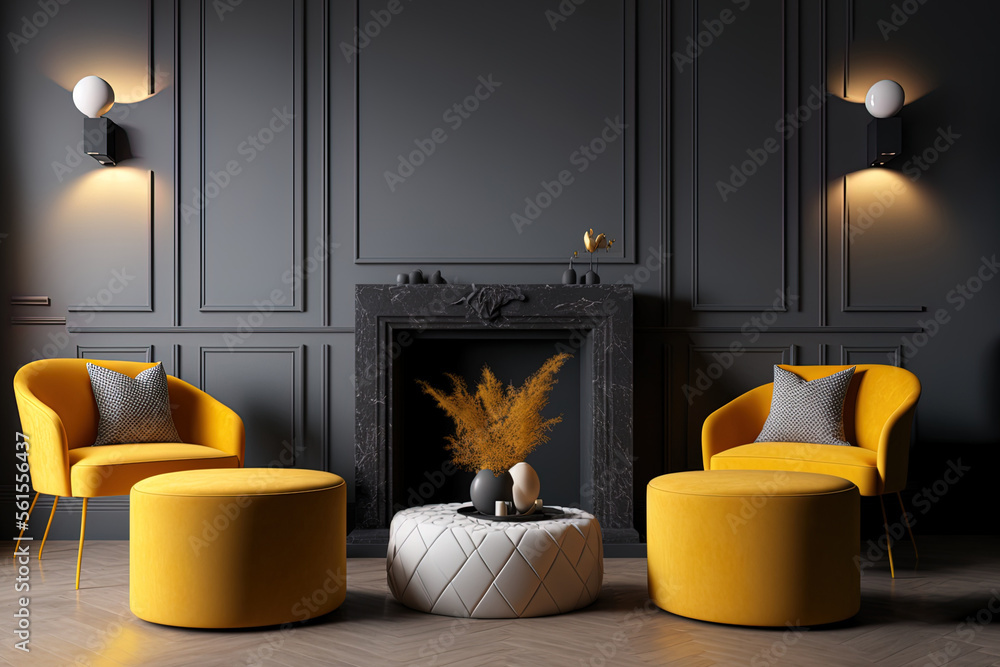 Cozy lounge area in a living room. Bright accent Mustard yellow poufs and a large fireplace. Luxury 