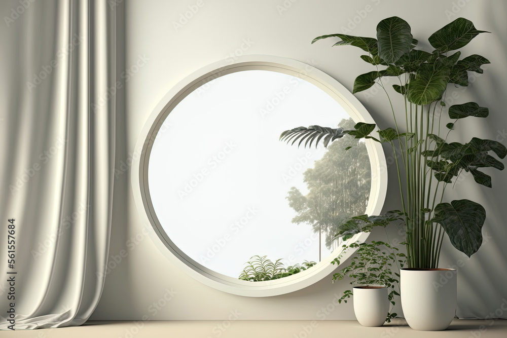 modern mockup with an empty frame, a few sparse indoor plants, and a round window on a white wall. G