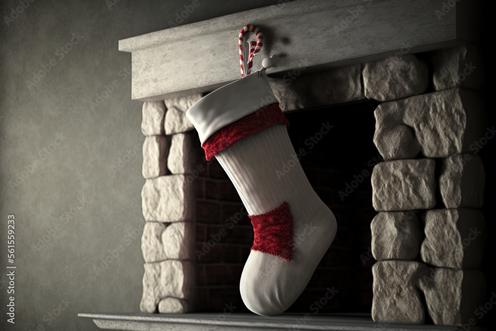 Festive stocking hanging from a fireplace at Christmas. Minimal design. . 3D Illustration. Generativ