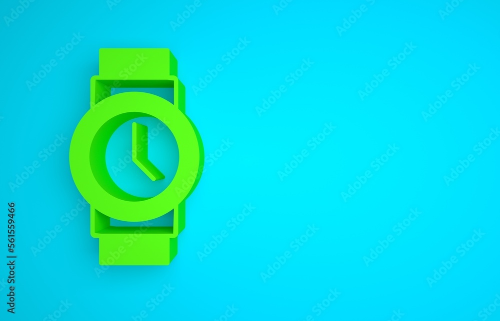 Green Wrist watch icon isolated on blue background. Wristwatch icon. Minimalism concept. 3D render i