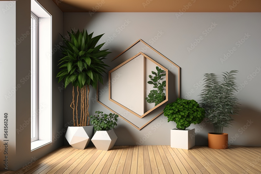 Small Room with Geometric Shapes, Indoor Plants, Wooden Floors, and Empty Walls. Useful for interior