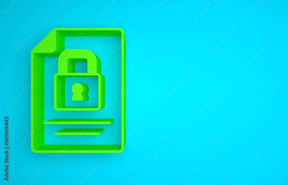 Green Document and lock icon isolated on blue background. File format and padlock. Security, safety,