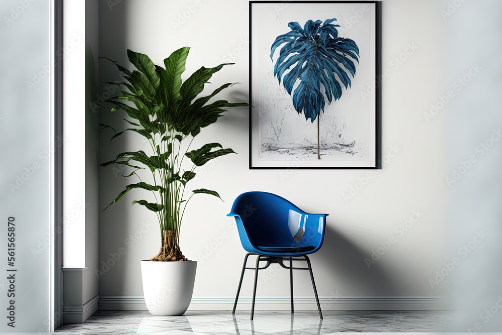 Style room with a plant and a blue chair against a white wall. Generative AI