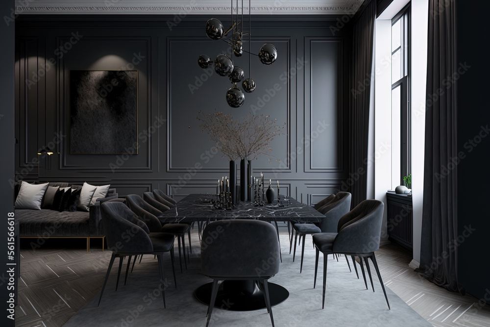 With gray furniture, black marble, and black steel textures in the living and eating areas, modern c