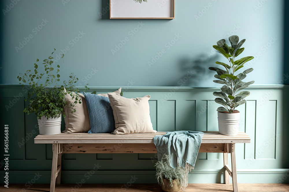 a chic home mock up in a farmhouse style, with an empty blue background wall, a wooden rustic bench,