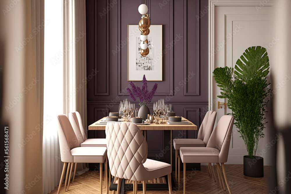 Classic scandinavian dining room in purple and beige tones. Wooden table with chairs, parquet and fr