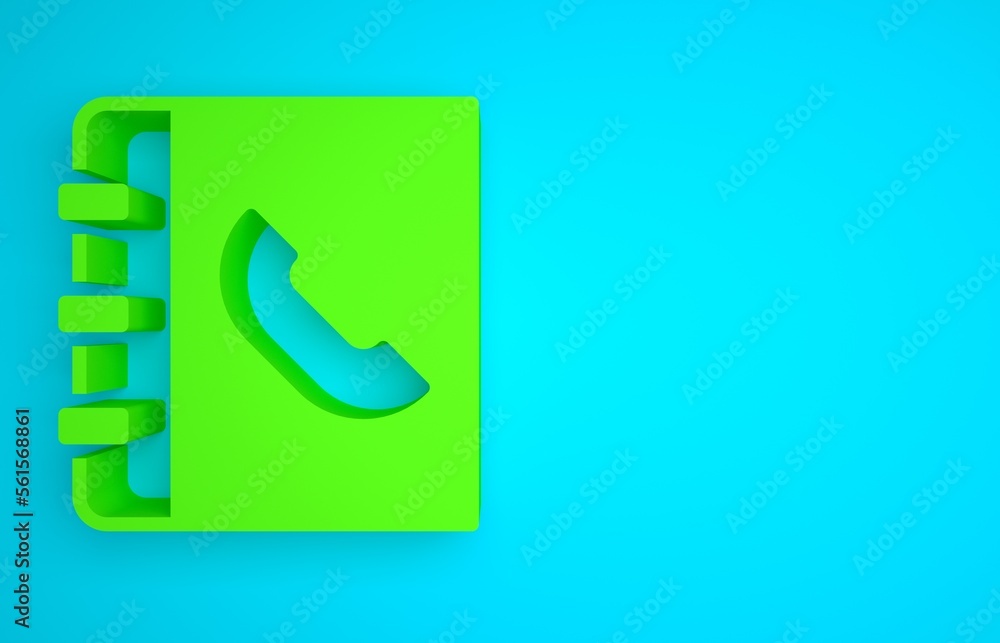 Green Phone book icon isolated on blue background. Address book. Telephone directory. Minimalism con