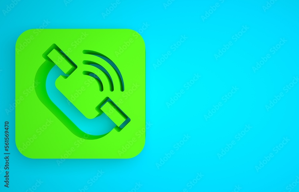 Green Telephone handset icon isolated on blue background. Phone sign. Minimalism concept. 3D render 