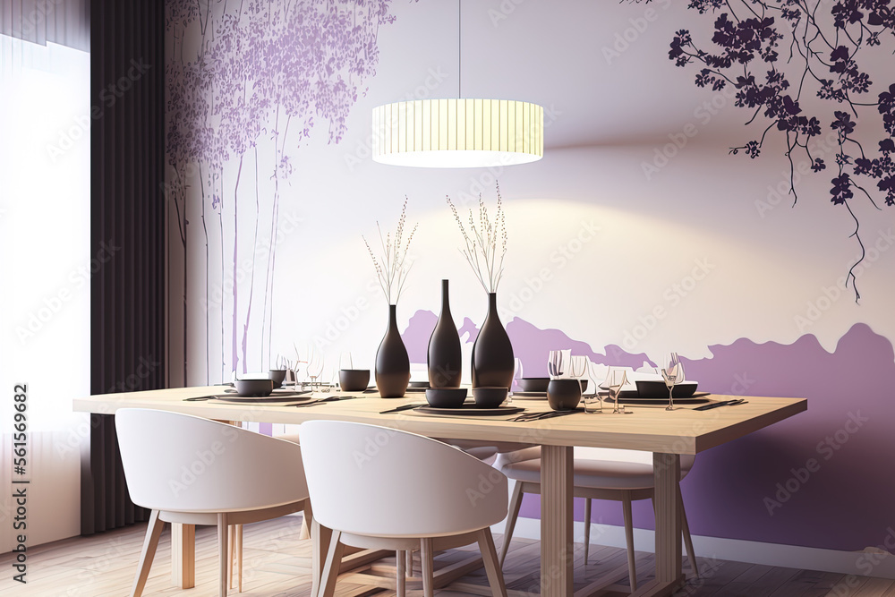 Japanese dining room with a minimalist wooden table in shades of white and purple. Wallpaper wall mo