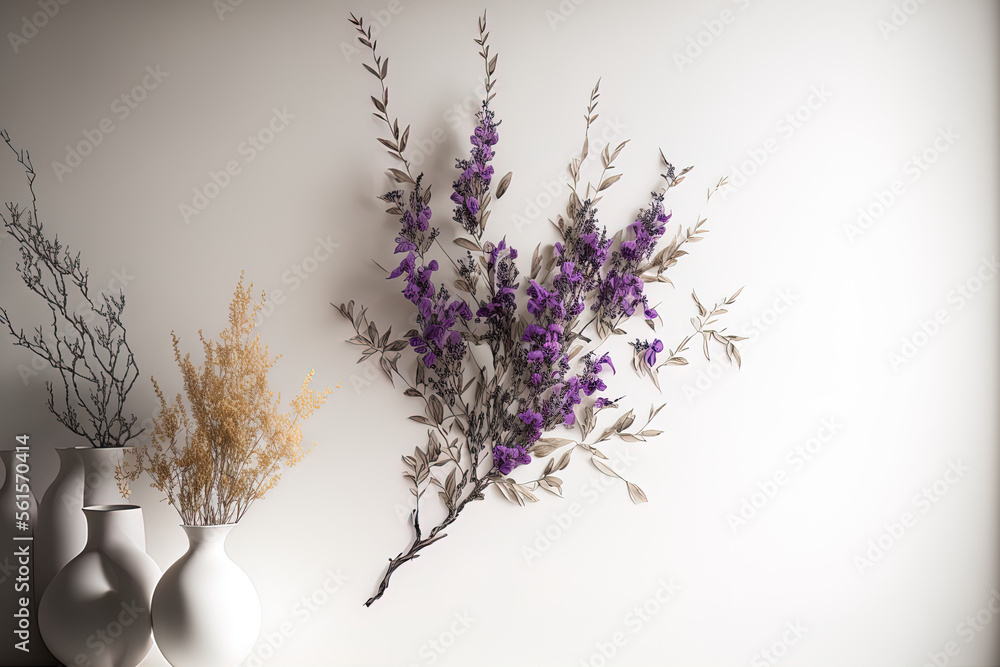 lovely purple dry flower branch on white wall. Generative AI