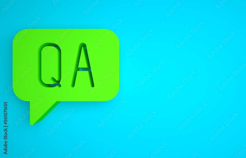 Green Speech bubbles with Question and Answer icon isolated on blue background. Q and A symbol. FAQ 