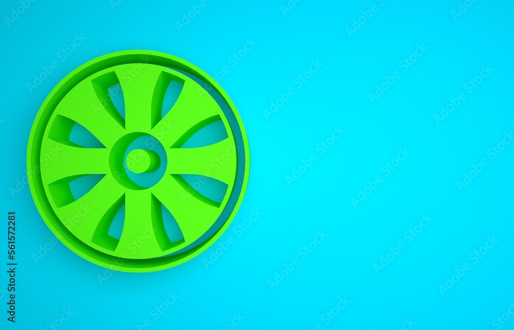 Green Alloy wheel for car icon isolated on blue background. Minimalism concept. 3D render illustrati