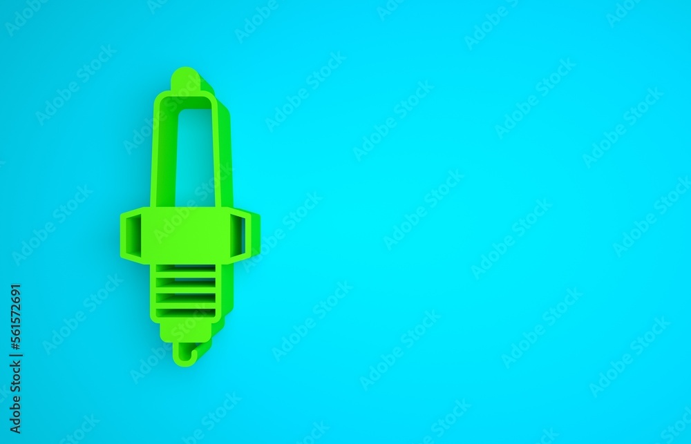 Green Car spark plug icon isolated on blue background. Car electric candle. Minimalism concept. 3D r