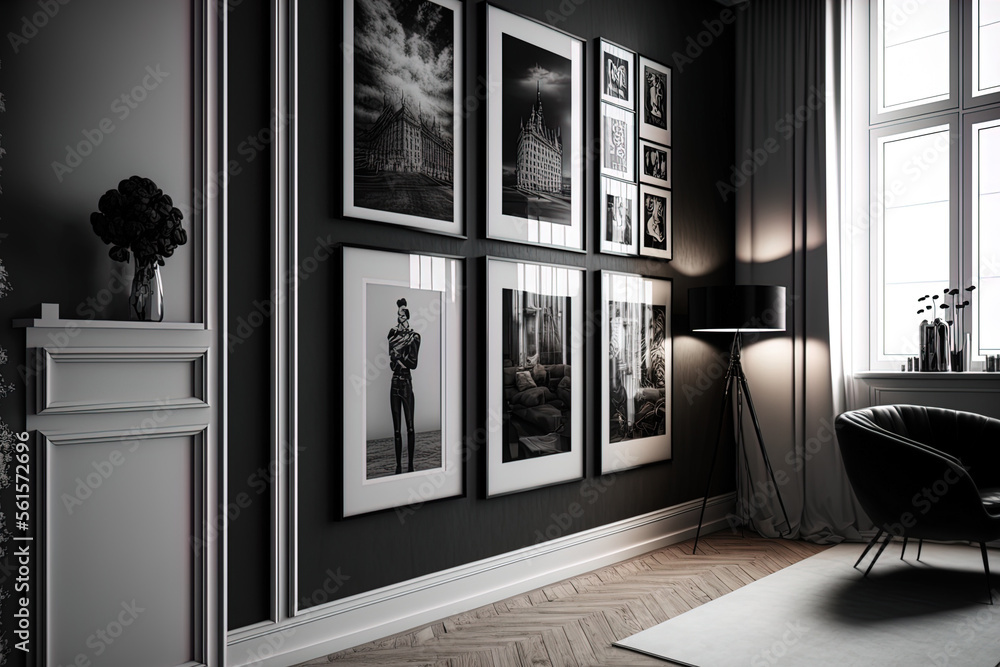 On the wall of a stylish room, a gallery of black and white posters are displayed in frames. Generat