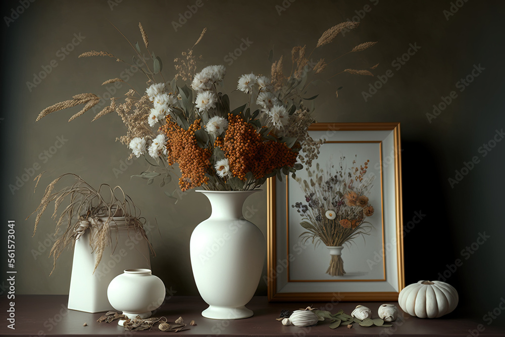 A panorama of a desk with a facsimile of a white frame and a vase of dried flowers from the field. G