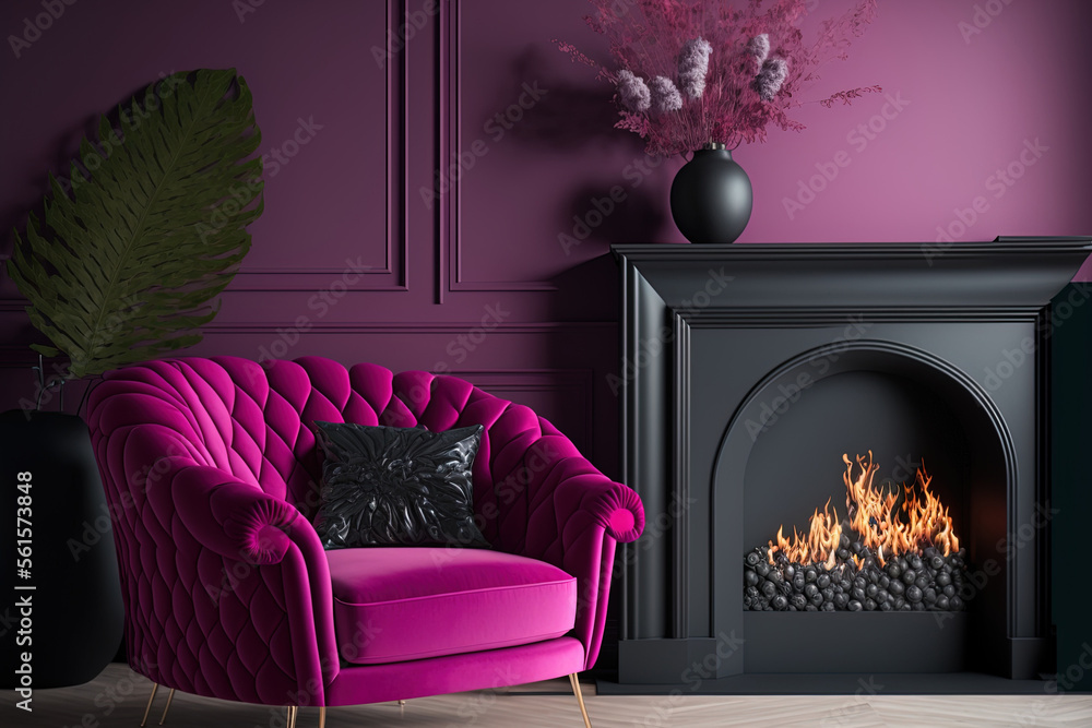 Viva magenta is a trend color year 2023 in the luxury living room. Painted mockup wall for art gray 