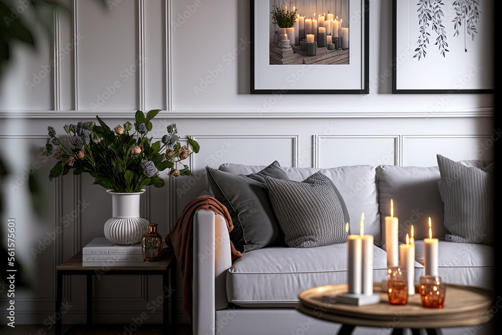 Vertical shot of cozy living room with interior in classic style, comfort grey couch, cushions, wood