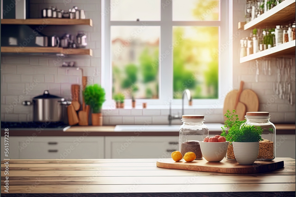 Kitchen Wood Table Top and Kitchen Blur Background Interior Style, Kitchen Inner Background Wall Moc