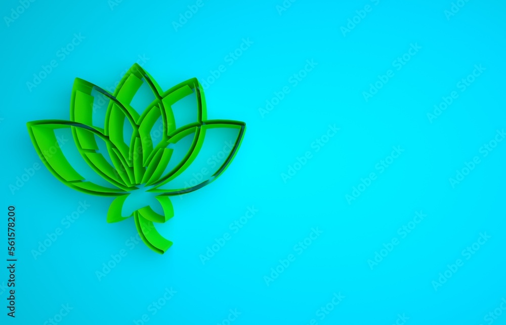 Green Lotus flower icon isolated on blue background. Minimalism concept. 3D render illustration