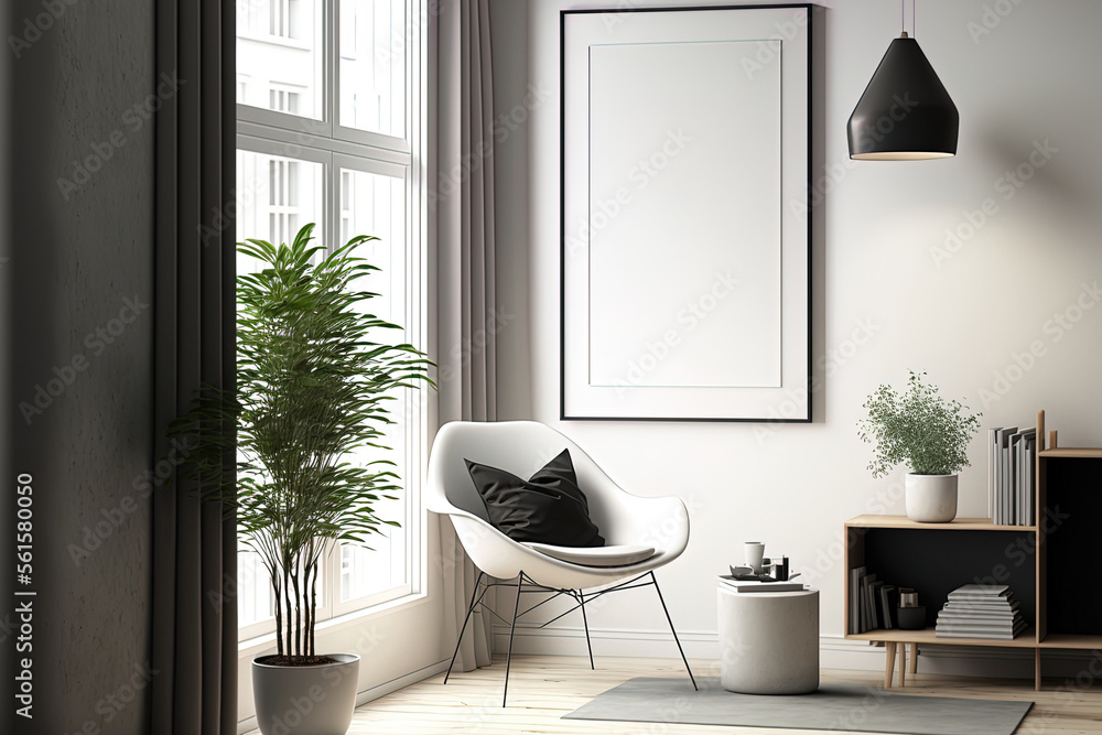 Poster frame mockup with modern furnishings in a Scandinavian environment. Interior decor that is mi