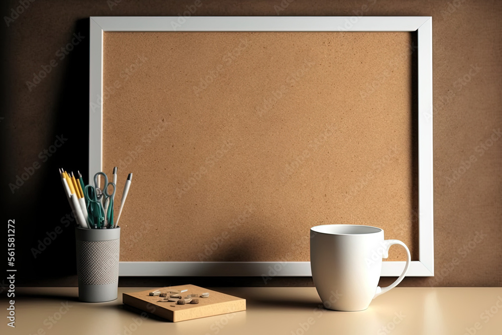 Desk layout idea. Mockup of a blank photo frame on a cork wall. Cork board mockup. Workplace. Genera