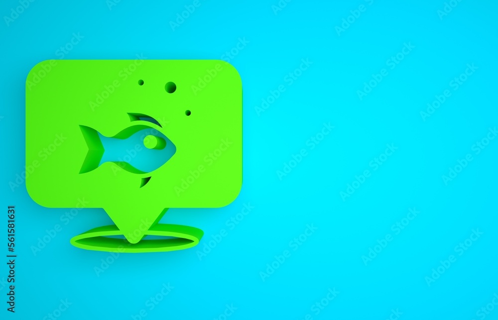 Green Fish icon isolated on blue background. Minimalism concept. 3D render illustration