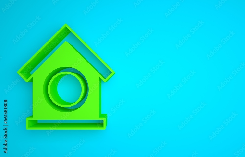 Green Dog house icon isolated on blue background. Dog kennel. Minimalism concept. 3D render illustra