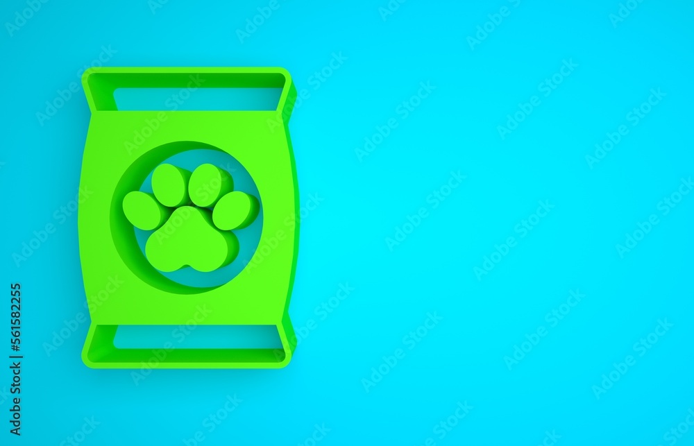 Green Bag of food for pet icon isolated on blue background. Food for animals. Dog bone sign. Pet foo