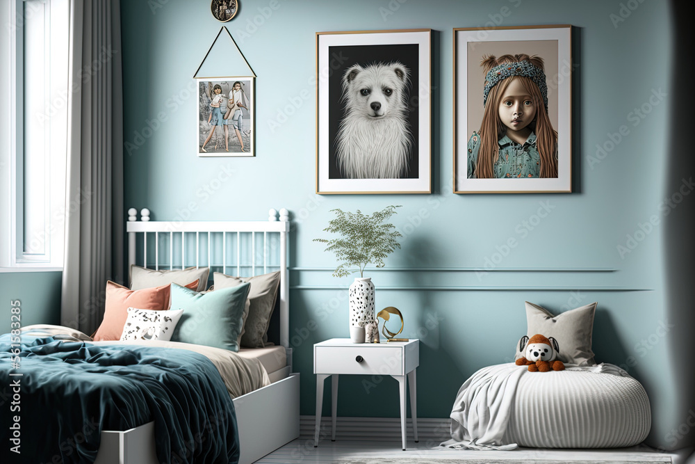 a childs bedroom with three mock up picture frames. Generative AI