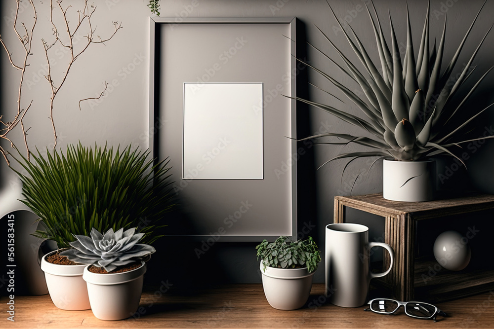 A chic house interior features a mock up photo frame on a brown wooden table along with office suppl