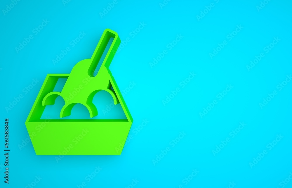 Green Cat litter tray with shovel icon isolated on blue background. Sandbox cat with shovel. Minimal