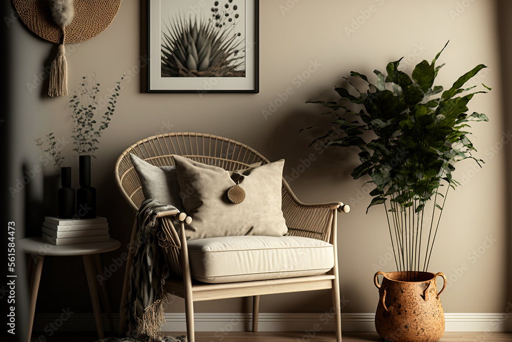 Japandi style interior with gray armchair and boho decor on cream color wall. Generative AI