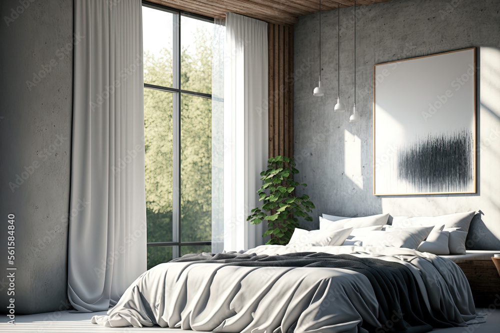 Big bed, white sheets, and pillows in a bedroom with a natural aesthetic. a concrete wall Realistic 